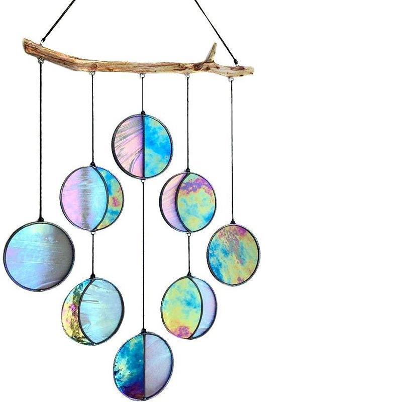 Rainbow hanging wall art decoration crafted from iron, featuring colorful round pendants on a branch.